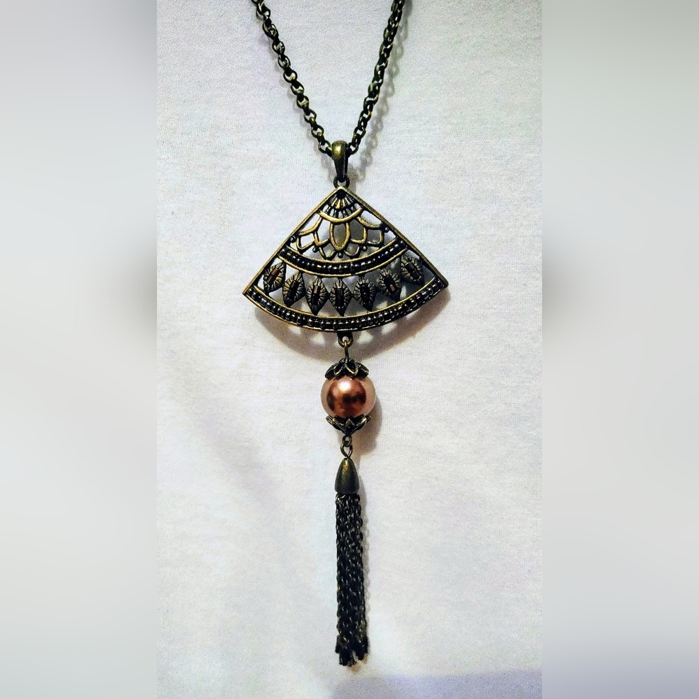Coldwater Creek Fan Filigree Tassel Pendant Necklace – Boho Vintage Statement
